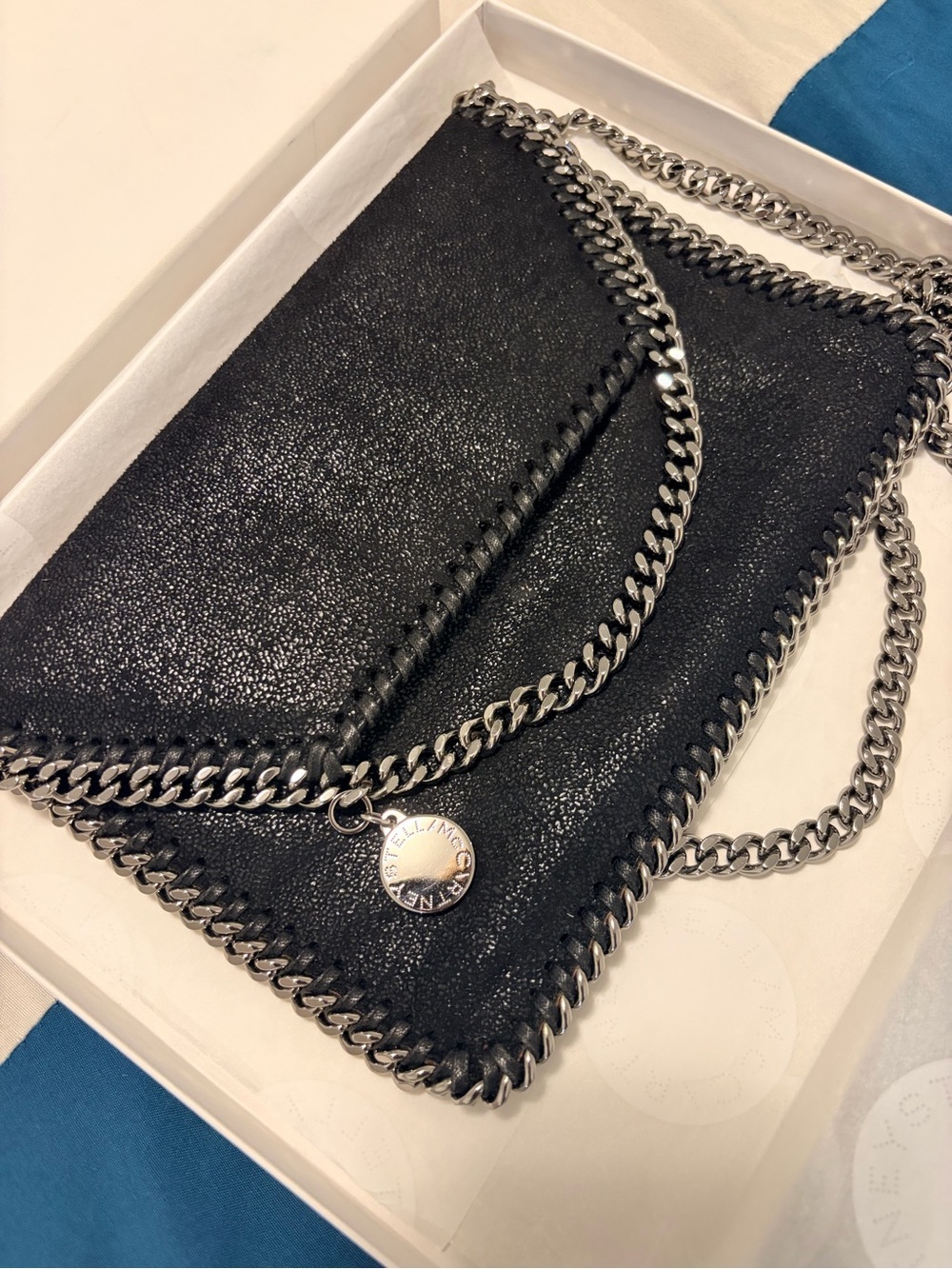 Stella McCartney Black Fold-Over Crossbody with Silver Chain Trim